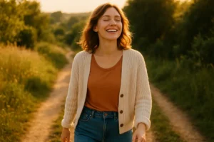 Kobieta spacerująca po malowniczej ścieżce, pokazująca radość z życia jako singielka.