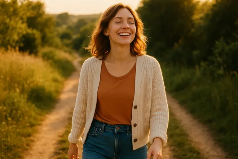 Kobieta spacerująca po malowniczej ścieżce, pokazująca radość z życia jako singielka.
