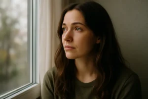 Kobieta wpatruje się w okno, myśląc o przyszłości po zdradzie, dając sygnał nadziei i refleksji.