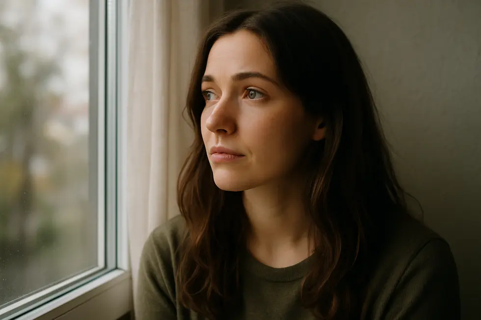 Kobieta wpatruje się w okno, myśląc o przyszłości po zdradzie, dając sygnał nadziei i refleksji.