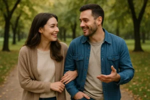 Szczęśliwa para spacerująca, rozmawiająca o swoich potrzebach.