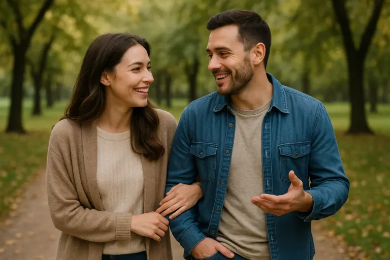Szczęśliwa para spacerująca, rozmawiająca o swoich potrzebach.