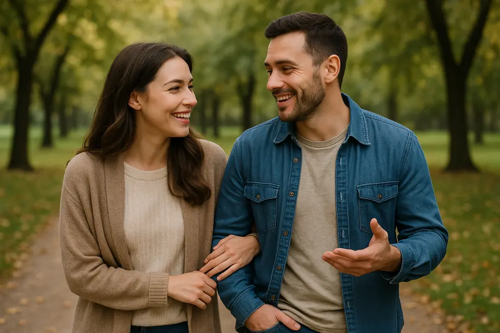 Szczęśliwa para spacerująca, rozmawiająca o swoich potrzebach.