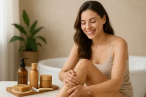 Zrelaksowana kobieta z gładką skórą po depilacji.