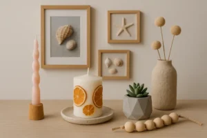 Kombinacja różnych technik DIY dekoracji do domu, obejmująca świece, morskie akcenty oraz minimalistyczne dodatki.