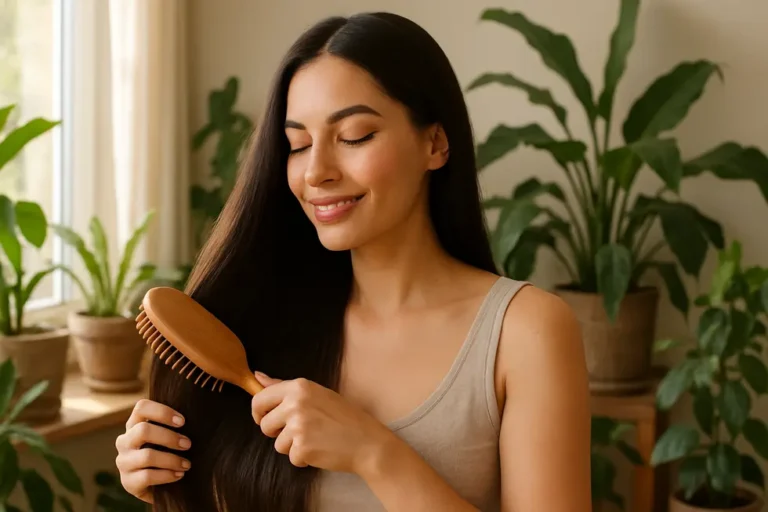 A woman brushes her shiny hair in a sun-soaked room, representing home remedies for beautiful hair.