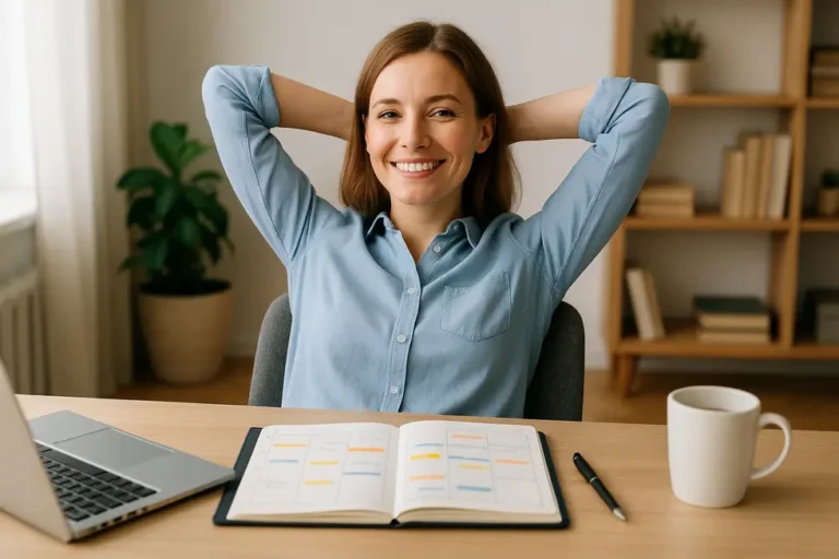 Kobieta uśmiechająca się w zorganizowanym domowym biurze.