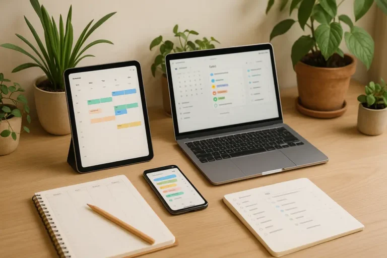 Biurko z aplikacjami do organizacji czasu oraz zielonymi roślinami.