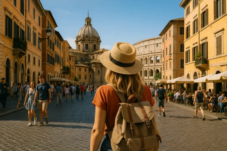 Widok na europejskie miasto z charakterystycznymi budynkami i ludźmi w ruchu.