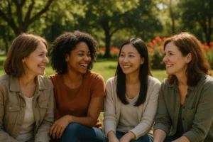 Grupa kobiet rozmawiających w parku, symbolizujących siłę relacji.