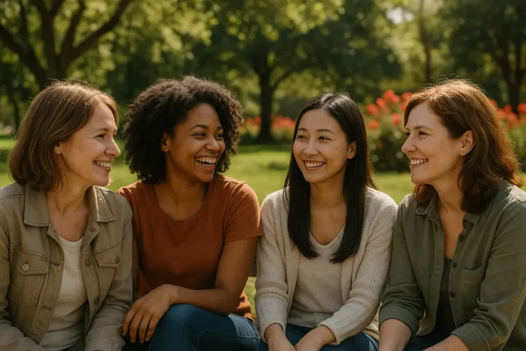 Grupa kobiet rozmawiających w parku, symbolizujących siłę relacji.