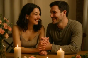 Para w romantycznym otoczeniu, trzymanie się za ręce.