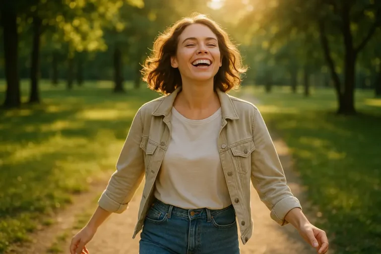 Kobieta spacerująca w parku, uśmiechająca się w promieniach słońca.