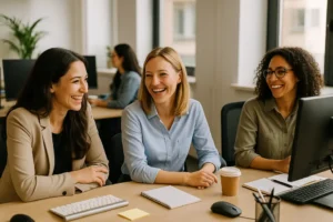 Grupa kobiet rozmawiających w biurze w pozytywnej atmosferze.