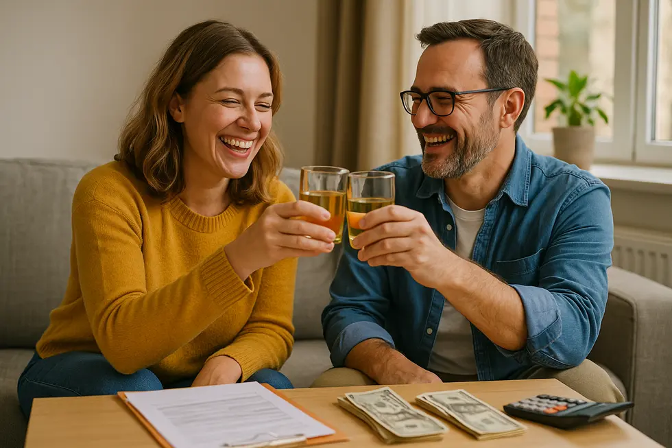 Młoda para wznosząca toast za sukcesy finansowe w przytulnym otoczeniu.