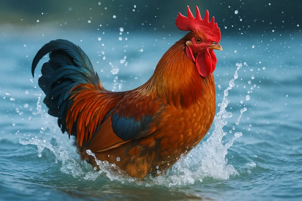 A creative illustration of the Water Rooster symbolizing career and emotional success.