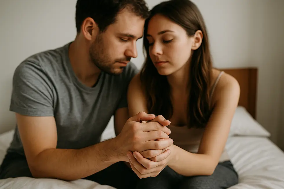 A couple holding hands gently, symbolizing support and a commitment to overcoming challenges together in their relationship.