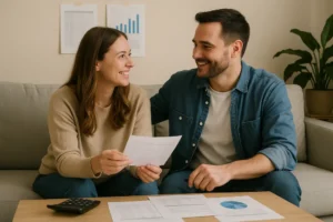 Para omawiająca finanse w przyjaznej i wspierającej atmosferze.