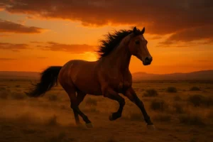 A horse running freely in a landscape at sunset, representing the essence of those born in 2002.