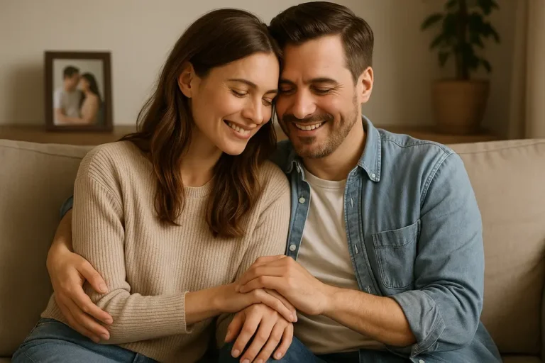 Szczęśliwa para przytulająca się, symbolizująca silną relację, pomimo bagażu przeszłości.