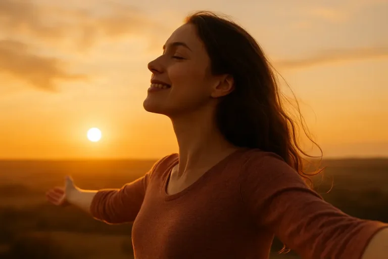 Kobieta patrząca na zachód słońca, wyrażająca radość i harmonię w relacji.