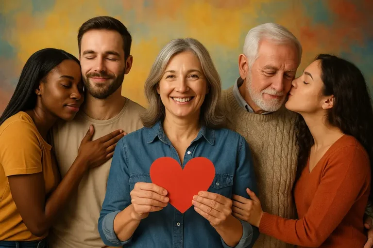 Różne wyrazy miłości przedstawione przez ludzi na tle kolorowym.