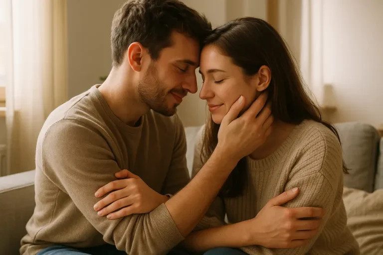 Kobieta i mężczyzna szczęśliwie rozmawiający po kłótni w przytulnym wnętrzu.