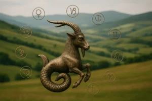 Koziorożec w otoczeniu symboli astrologicznych, ukazujący jego ziemską i ambicjonalną naturę.