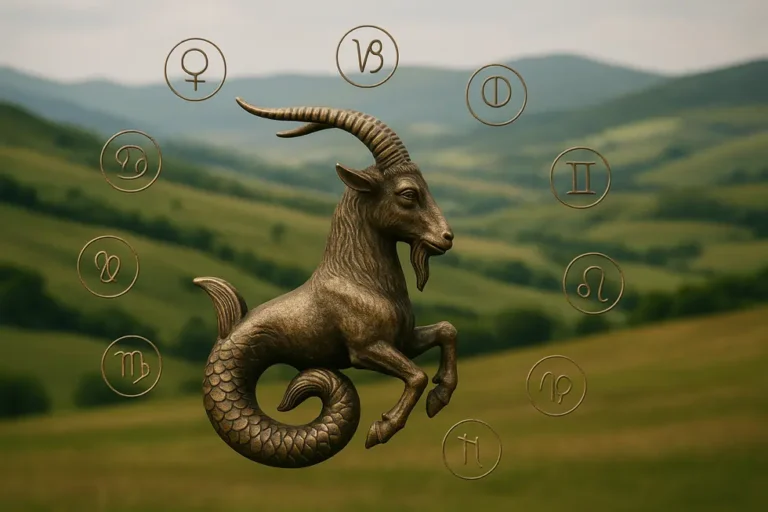 Koziorożec w otoczeniu symboli astrologicznych, ukazujący jego ziemską i ambicjonalną naturę.