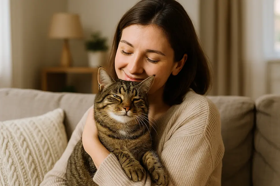 Kot i jego właściciel cieszący się wspólnym czasem, reprezentujący radość z posiadania kota.