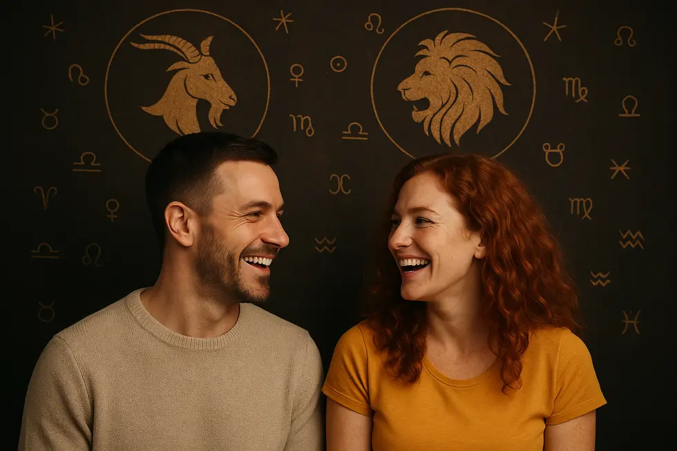 Koziorożec i Lew z uśmiechami, symbolizujący harmonię w związku.