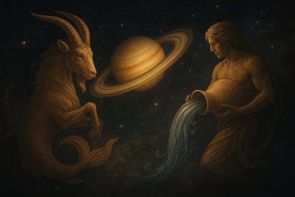 A cosmic scene displaying the harmony between Capricorn and Aquarius under Saturn's influence.