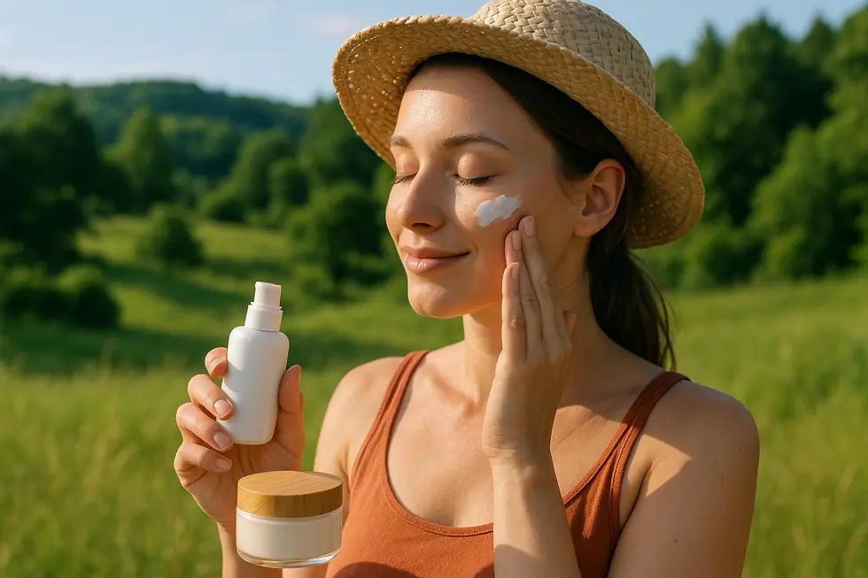 Osoba korzystająca z naturalnych kosmetyków do pielęgnacji skóry w słonecznym, letnim otoczeniu.