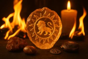 Kryształowe słońce reprezentujące Lwa z elementami ognia i talizmanami dookoła.