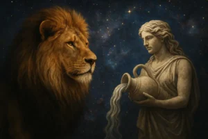 Lion and Aquarius signs depicted against a cosmic background symbolizing their relationship.