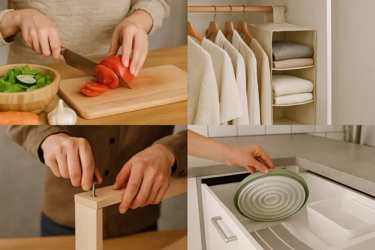 Kolaż przedstawiający różne life hacki ułatwiające codzienność.