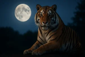 A majestic tiger illuminated by moonlight, symbolizing the Chinese Zodiac sign of people born in 1998.