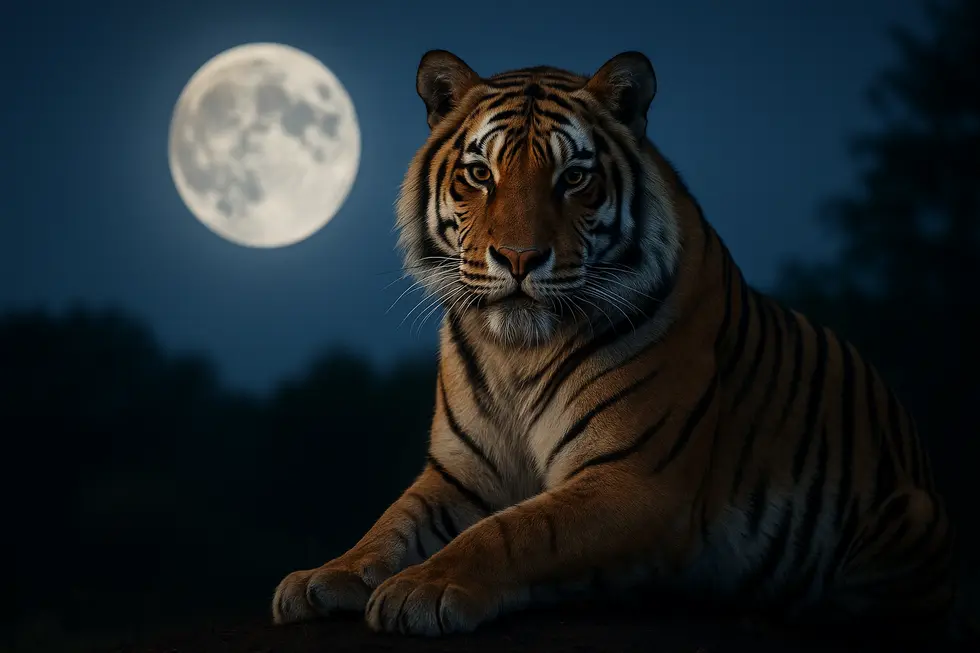 A majestic tiger illuminated by moonlight, symbolizing the Chinese Zodiac sign of people born in 1998.
