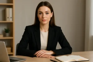 Kobieta przy biurku z minimalistycznym makijażem, prezentująca biznesowy styl.