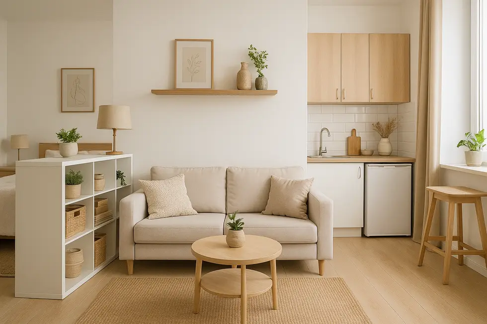 Nowoczesne, małe mieszkanie z funkcjonalnym układem i estetycznymi dodatkami, idealne do życia.