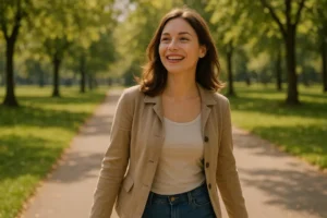 Młoda kobieta spaceruje po parku, uśmiechając się i ciesząc się życiem.