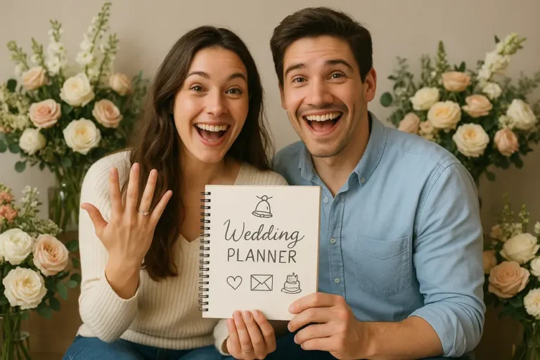 Młoda para świętująca moment zaręczyn, z notatnikiem w rękach.