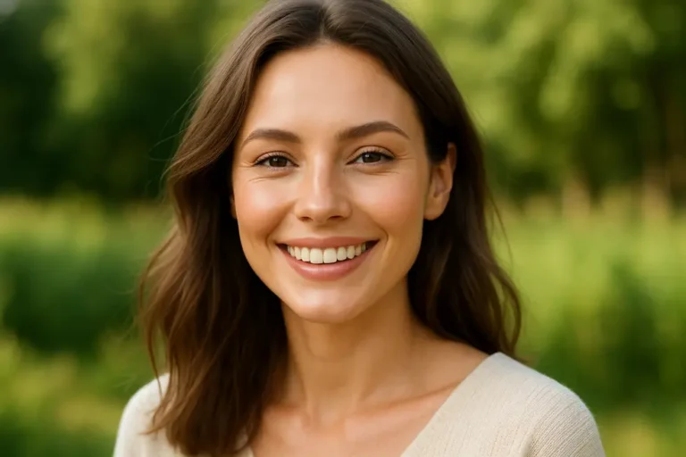 Kobieta uśmiechająca się w plenerze, na twarzy ma naturalnie nałożony makijaż.