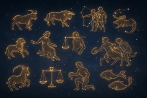 A beautiful night sky showcasing the twelve zodiac constellations with glowing outlines for clarity.