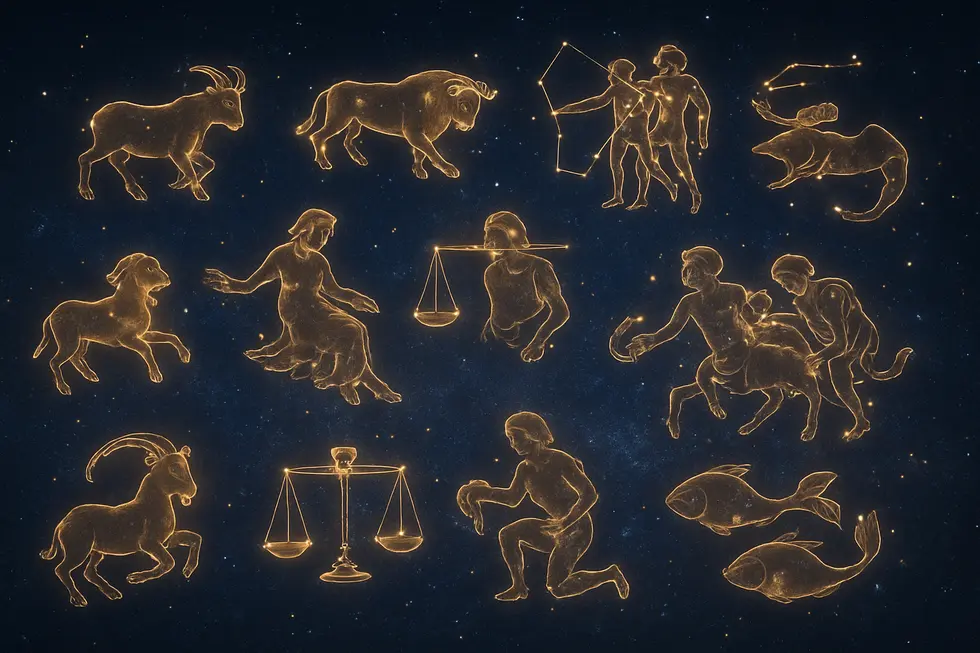 A beautiful night sky showcasing the twelve zodiac constellations with glowing outlines for clarity.