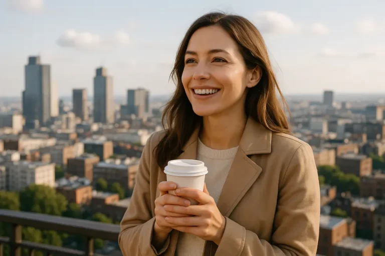 Kobieta w zachęcającym otoczeniu, z nadzieją w oczach, symbolizująca poszukiwania miłości.