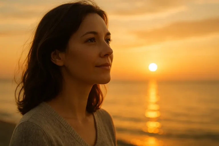 Kobieta, patrząc na wschód słońca, wyrażająca nadzieję na nowy start.