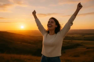 Kobieta ciesząca się nowym początkiem po rozstaniu, na tle zachodzącego słońca.