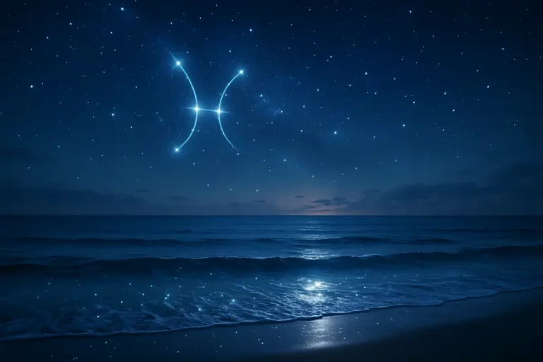 A mystical ocean landscape under a starry sky, representing the serene and dreamlike qualities of Pisces zodiac sign.
