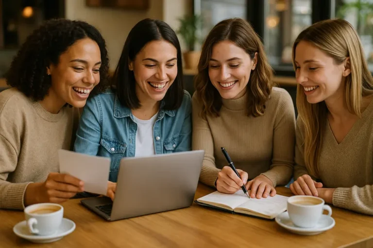 Grupa kobiet wymieniających się pomysłami na oszczędzanie pieniędzy.